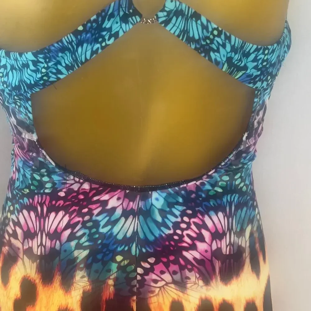 Venus Jungle Party One-Piece Swimsuit V-Neck Gold Ring Animal Print Womens 12